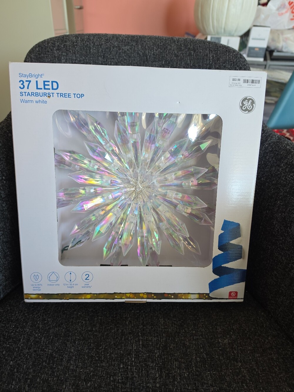 NIB Stay Bright 37 LED Starburst Christmas Tree Top Topper GE Warm White 12"
